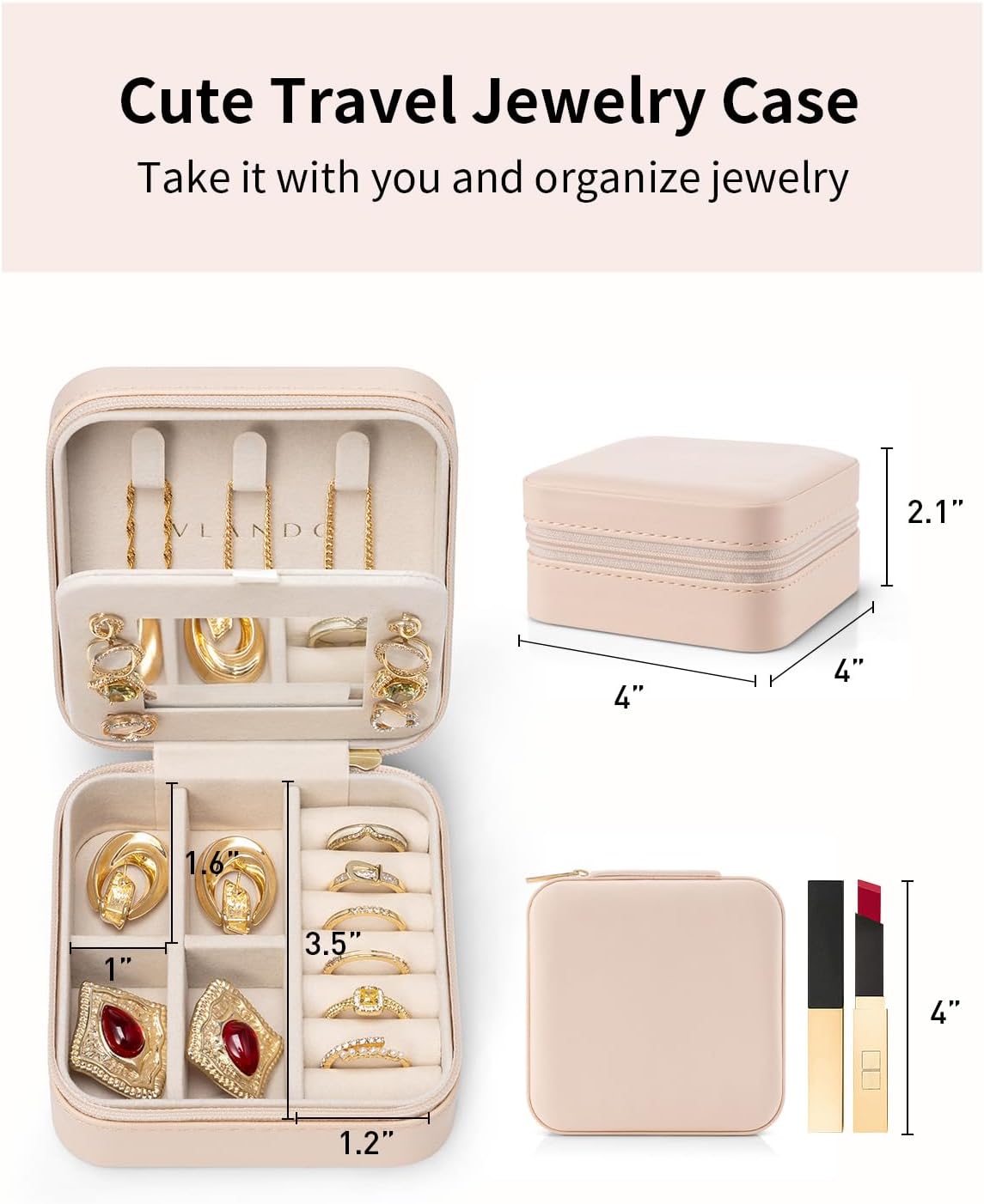 VLANDO Travel Jewelry Case - Bridesmaid Gifts for Women - Small Travel Jewelry Box, Mini Jewelry Organizer, Travel Essentials Gift for Teen Girl - Pink