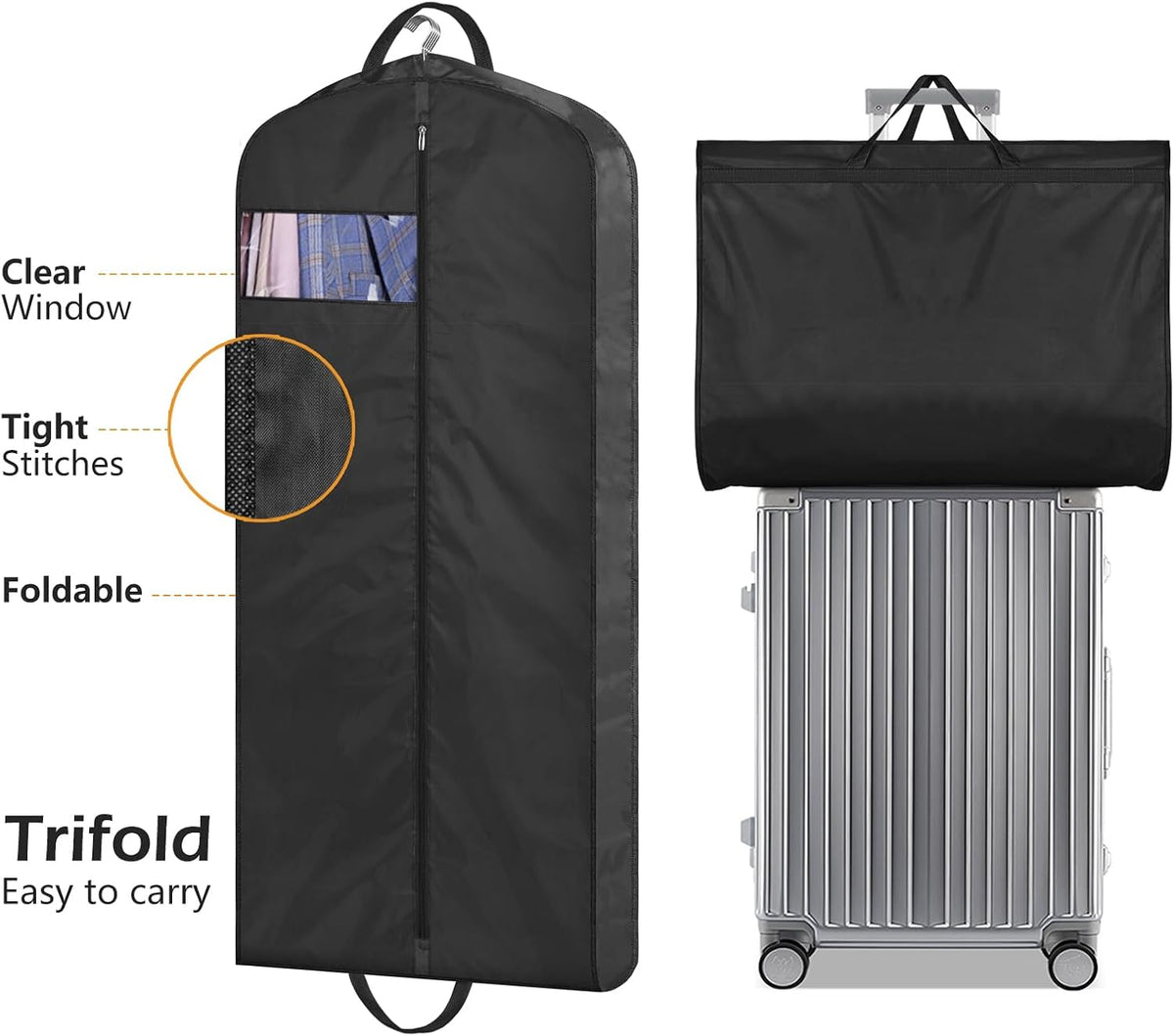 MISSLO 65" Long Garment Bags for Travel Dress Bags for Hanging Clothes 2 Packs Wedding Dress Cover Waterproof Clothes Protector for Closet Storage for Gowns, Tuxedos, Coats, Black