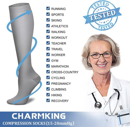 CHARMKING Compression Socks for Women & Men Circulation (8 Pairs) 15-20 mmHg Best Calf Socks Support for Athletic Cycling - Colors B