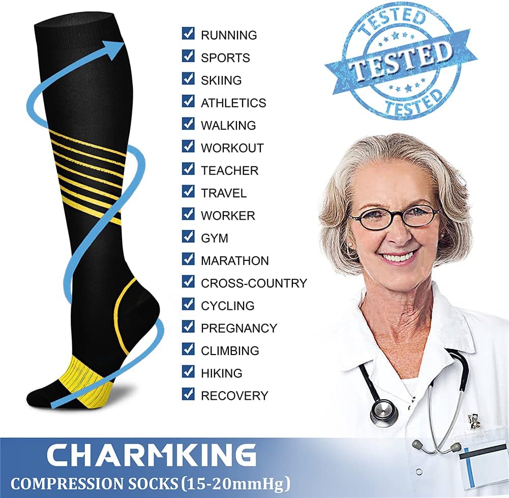 CHARMKING Compression Socks for Women & Men Circulation (8 Pairs) 15-20 mmHg Best Calf Socks Support for Athletic Cycling - Colors A