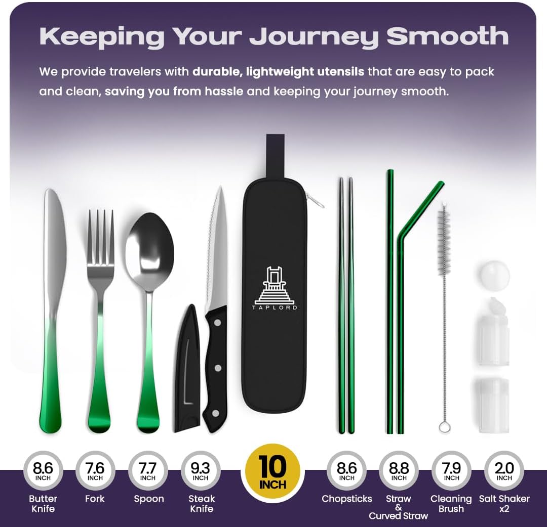 Taplord Portable Travel Silverware Set With Case, Includes of Travel Utensils With Case, Stainless Steel Flatware Set For Camping, Lightweight (Black)