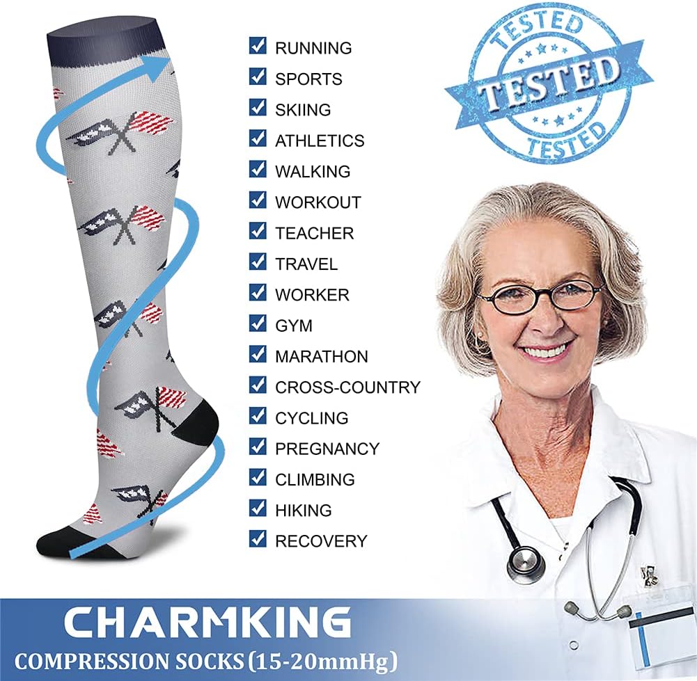 CHARMKING Compression Socks for Women & Men Circulation (8 Pairs) 15-20 mmHg Best Calf Socks Support for Athletic Cycling - Colors A
