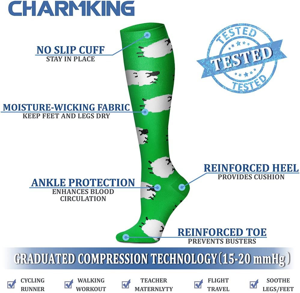 CHARMKING Compression Socks for Women & Men Circulation (8 Pairs) 15-20 mmHg Best Calf Socks Support for Athletic Cycling - Colors A