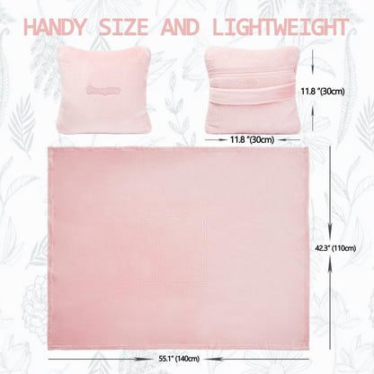 Travel Blanket Pillow, Premium 2 in 1 Flannel Airplane Blanket Compact for Travel,Office, Home,Travel Essentials Accessories for Plane and Car,Compact Office Blanket (Pink)