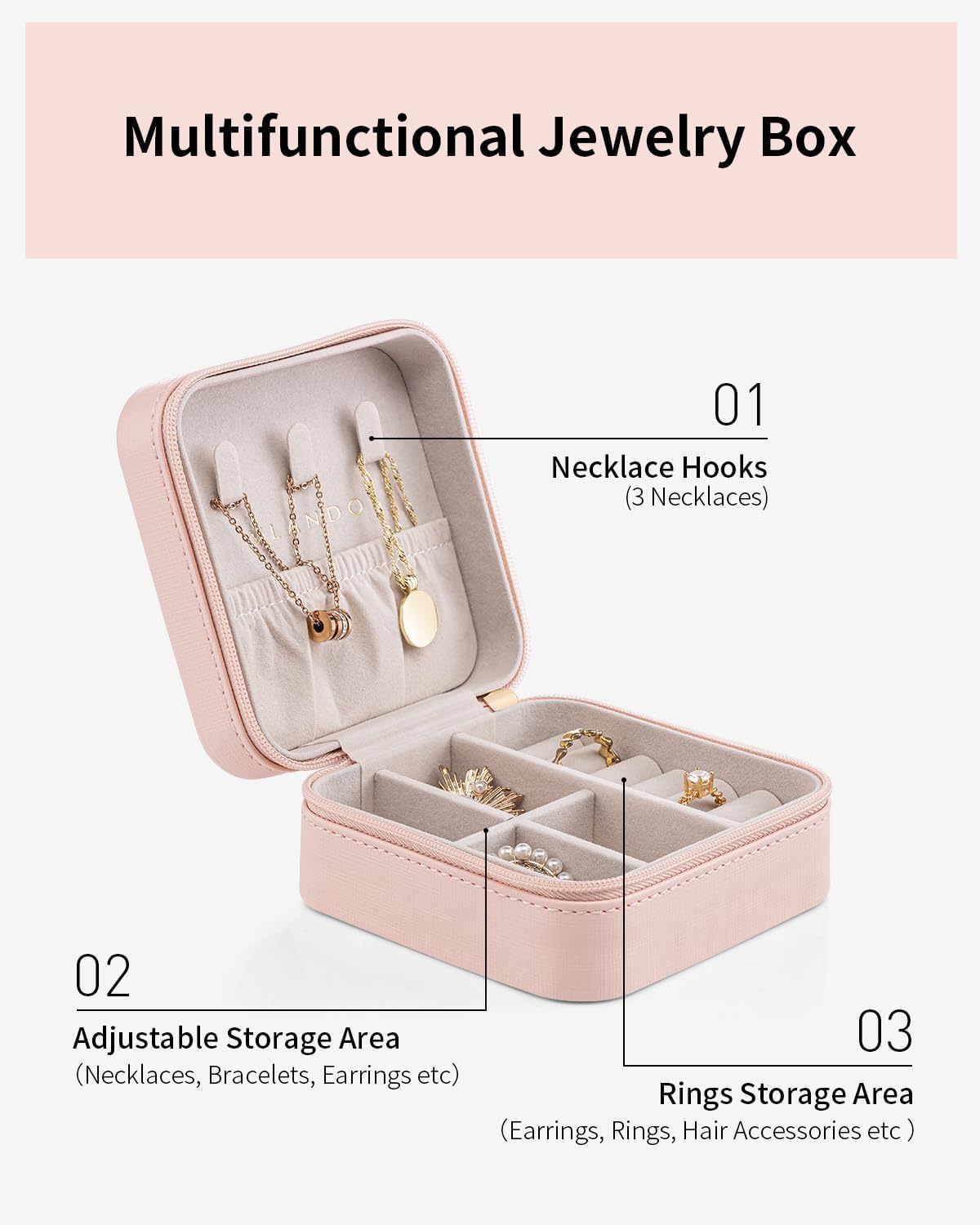 VLANDO Travel Jewelry Case - Bridesmaid Gifts for Women - Small Travel Jewelry Box, Mini Jewelry Organizer, Travel Essentials Gift for Teen Girl - Pink