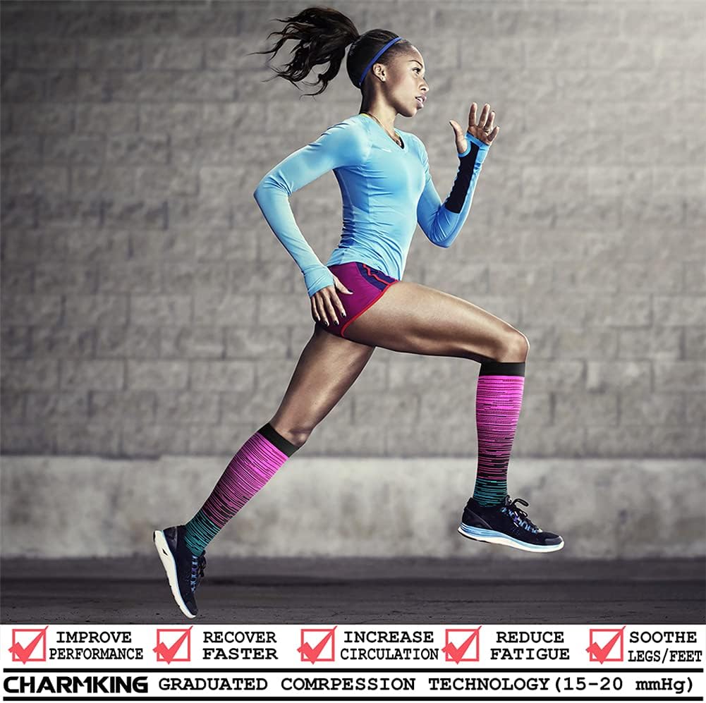CHARMKING Compression Socks for Women & Men Circulation (8 Pairs) 15-20 mmHg Best Calf Socks Support for Athletic Cycling - Colors B