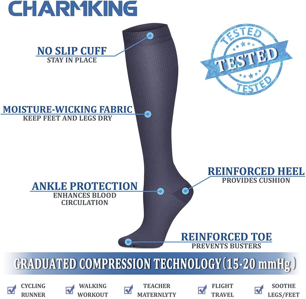 CHARMKING Compression Socks for Women & Men Circulation (8 Pairs) 15-20 mmHg Best Calf Socks Support for Athletic Cycling - Colors B