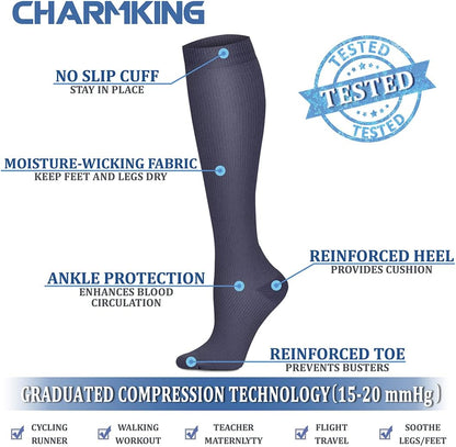CHARMKING Compression Socks for Women & Men Circulation (8 Pairs) 15-20 mmHg Best Calf Socks Support for Athletic Cycling - Colors B
