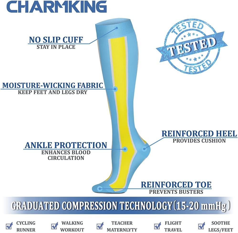 CHARMKING Compression Socks for Women & Men Circulation (8 Pairs) 15-20 mmHg Best Calf Socks Support for Athletic Cycling - Colors A