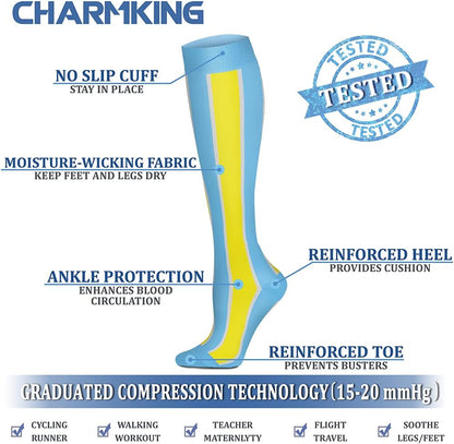 CHARMKING Compression Socks for Women & Men Circulation (8 Pairs) 15-20 mmHg Best Calf Socks Support for Athletic Cycling - Colors A