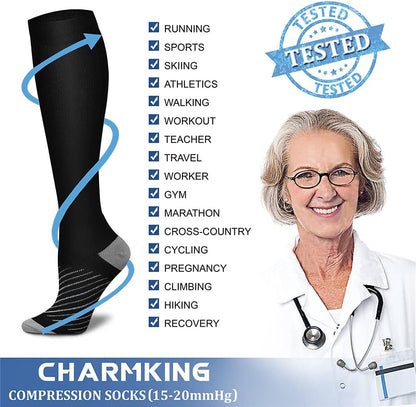 CHARMKING Compression Socks for Women & Men Circulation (8 Pairs) 15-20 mmHg Best Calf Socks Support for Athletic Cycling - Colors B