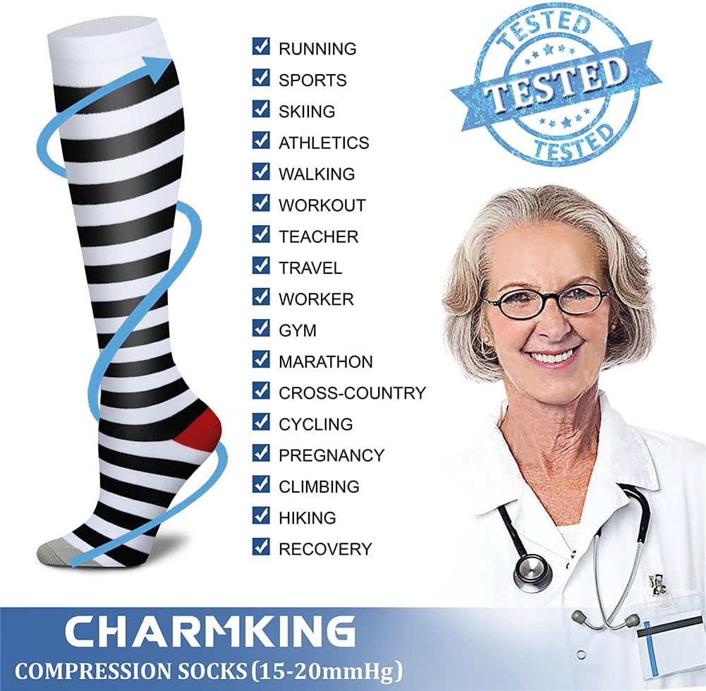 CHARMKING Compression Socks for Women & Men Circulation (8 Pairs) 15-20 mmHg Best Calf Socks Support for Athletic Cycling - Colors A