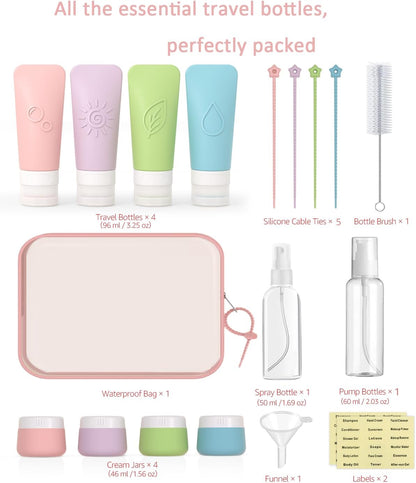 16-Piece Silicone Travel Bottles Set – TSA Approved Leakproof Toiletry Kit with Flat Easy-Squeeze Bottles, Pump & Spray, Waterproof Bag