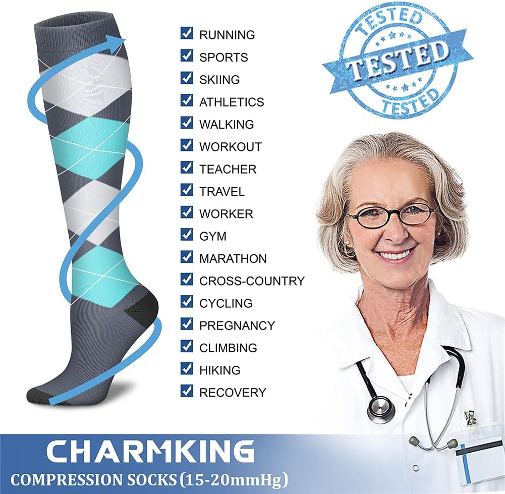 CHARMKING Compression Socks for Women & Men Circulation (8 Pairs) 15-20 mmHg Best Calf Socks Support for Athletic Cycling - Colors B