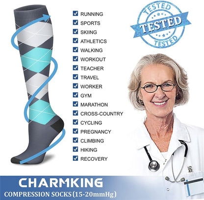 CHARMKING Compression Socks for Women & Men Circulation (8 Pairs) 15-20 mmHg Best Calf Socks Support for Athletic Cycling - Colors B