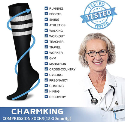 CHARMKING Compression Socks for Women & Men Circulation (3 Pairs) 15-20 mmHg is Best Support for Athletic Running Cycling