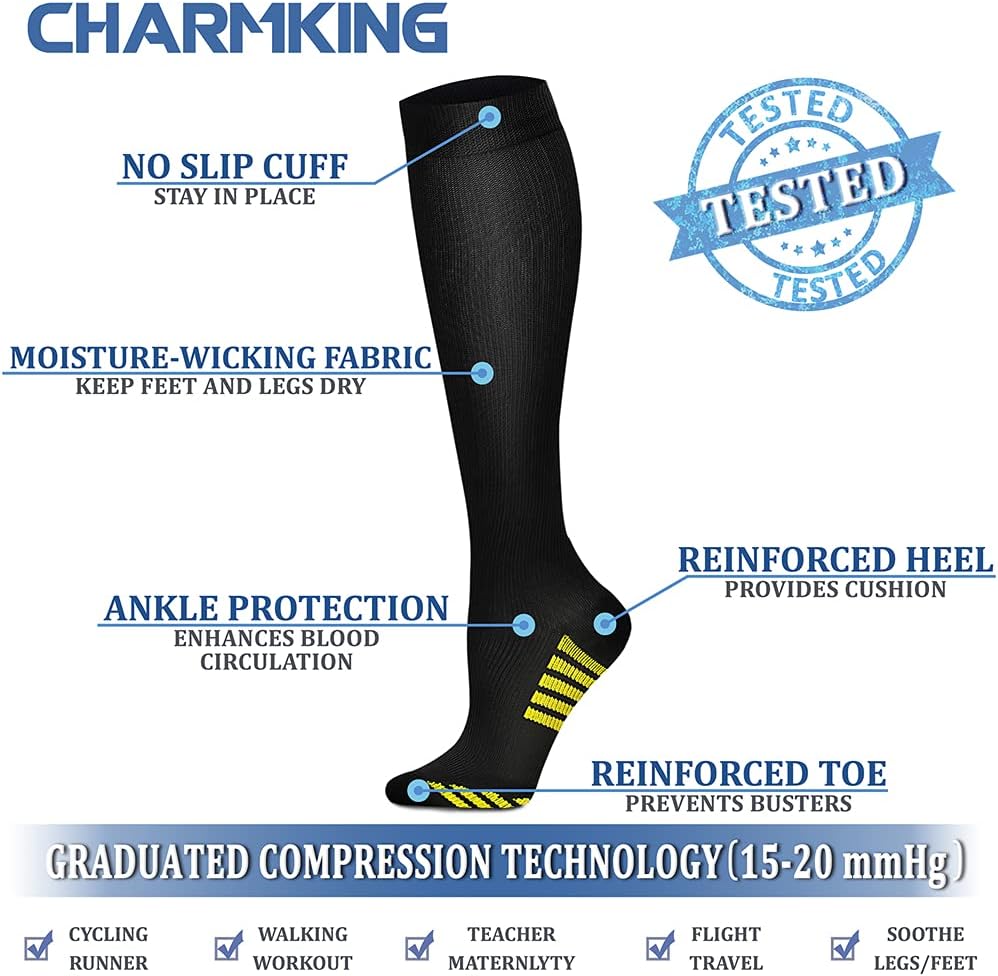 CHARMKING Compression Socks for Women & Men Circulation (8 Pairs) 15-20 mmHg Best Calf Socks Support for Athletic Cycling - Colors A