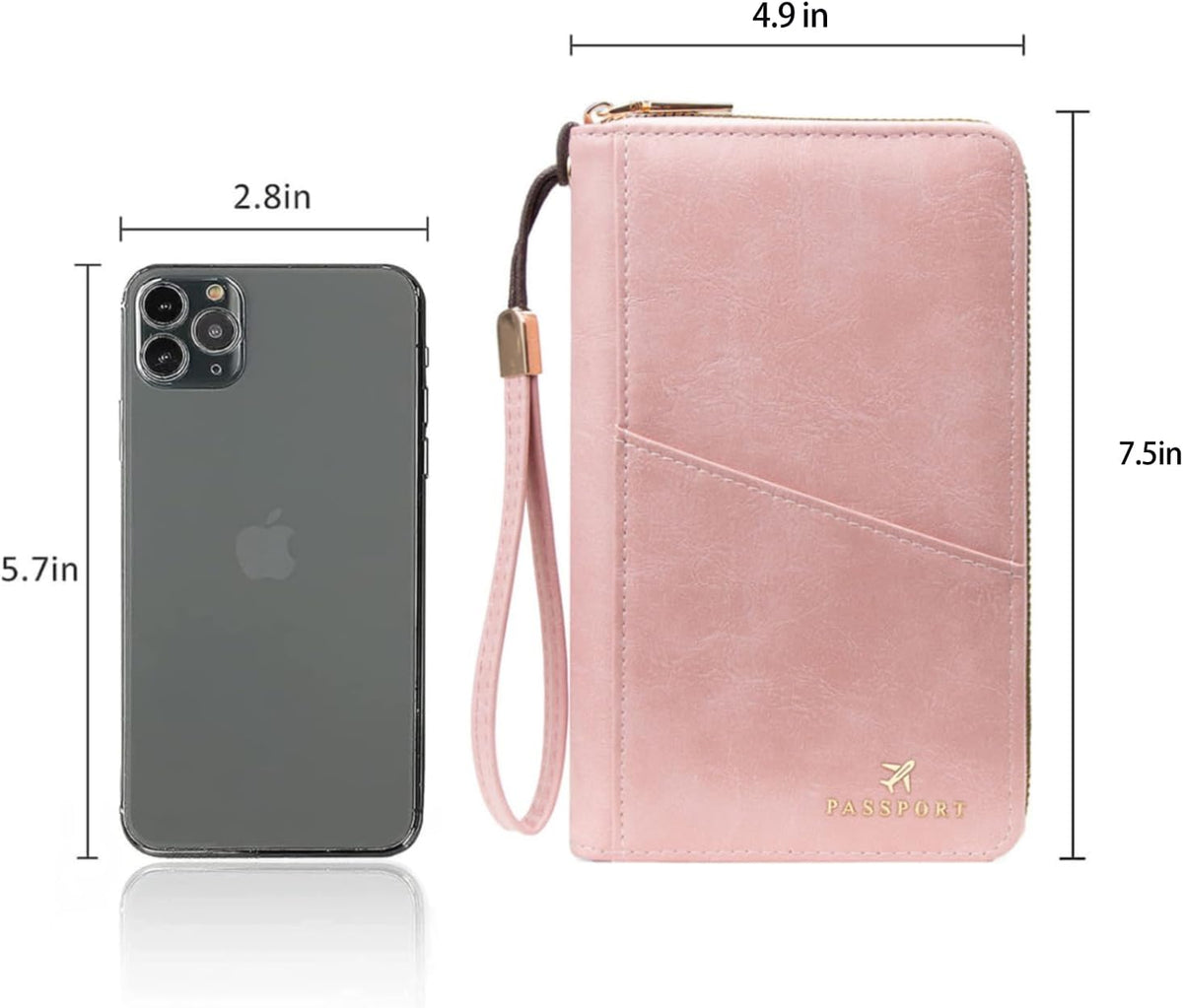 Family Passport Holder for Travel Women and Men RFID Passport Holder with Zipper Passport Case Passport cover Passport Wallet Travel Essentials and Accessories(Family,Pink)