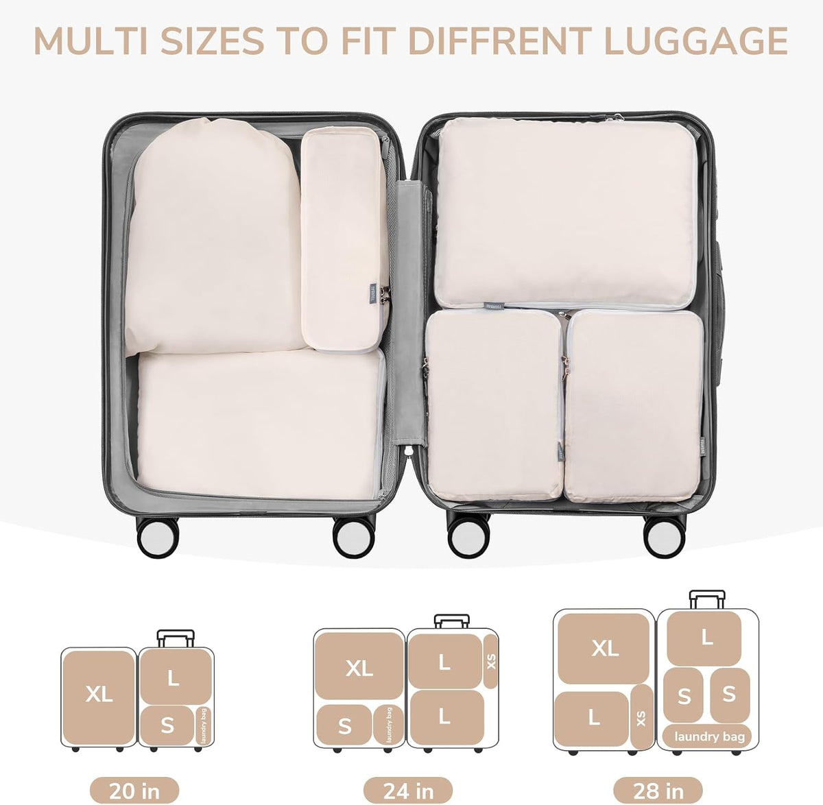 CherryNow Compression Packing Cubes, 7 Set Packing Cubes Compression, Travel Essentials, Travel Organizer for Shoes, Clothing, Grey