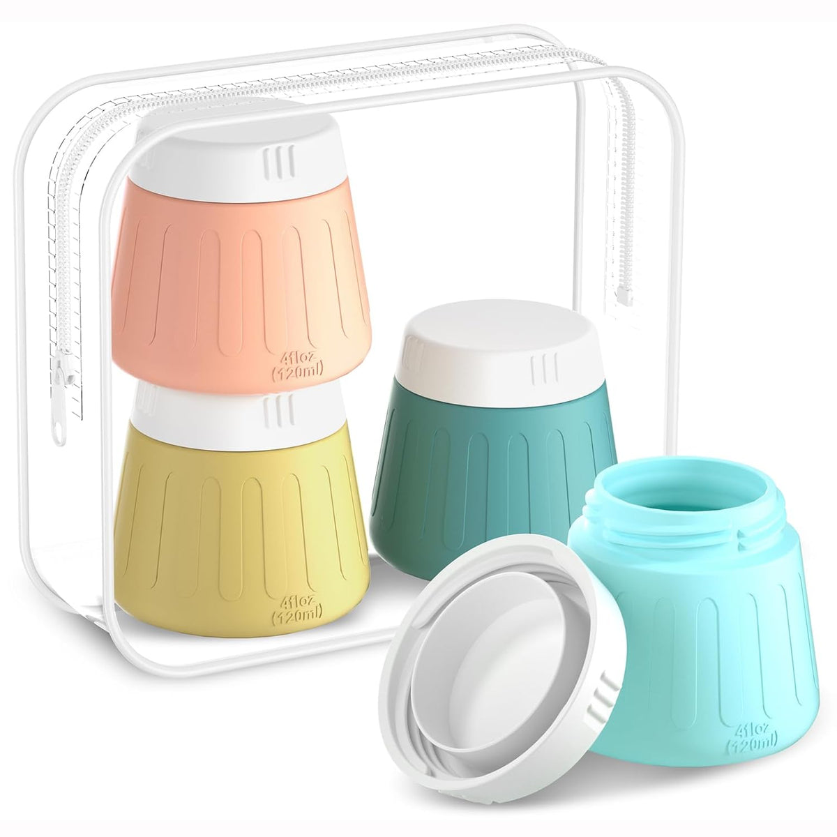 Gemice 4 OZ/120ML Travel Size Containers for Toiletries, Leak-Proof Silicone Slime Jars with Lids, BPA Free Small Round Cosmetic Slime Container for Lotion, Cream, Ointments, Travel Storage (4 Pack)