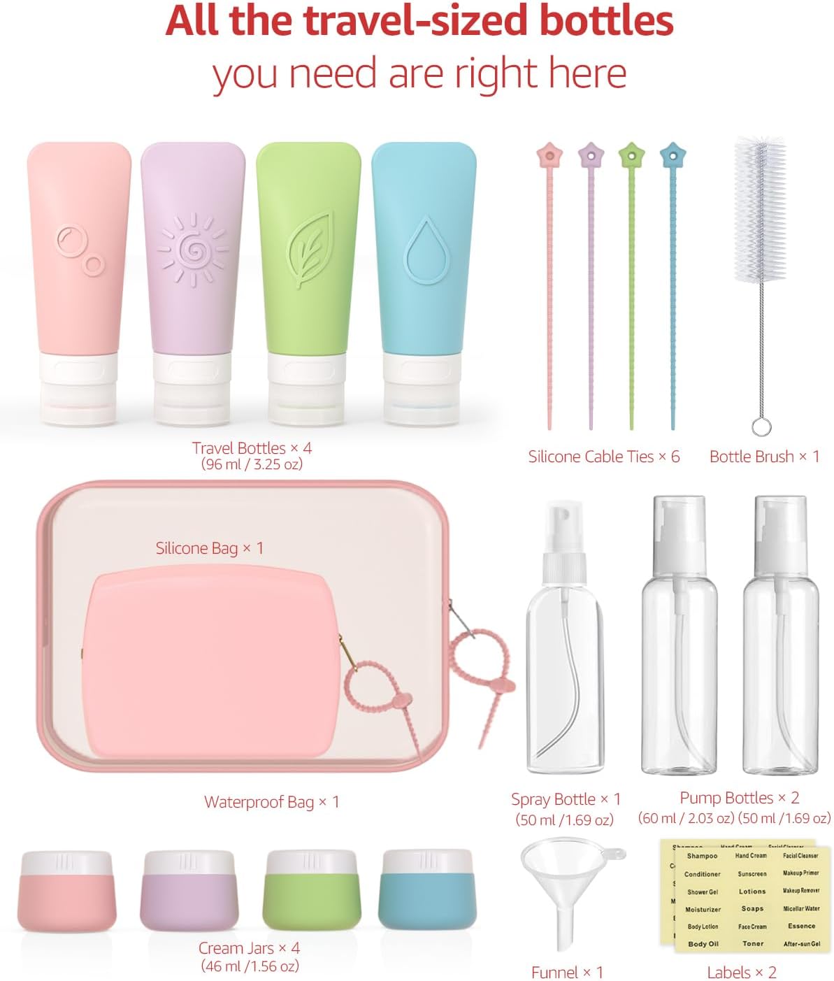 16-Piece Silicone Travel Bottles Set – TSA Approved Leakproof Toiletry Kit with Flat Easy-Squeeze Bottles, Pump & Spray, Waterproof Bag
