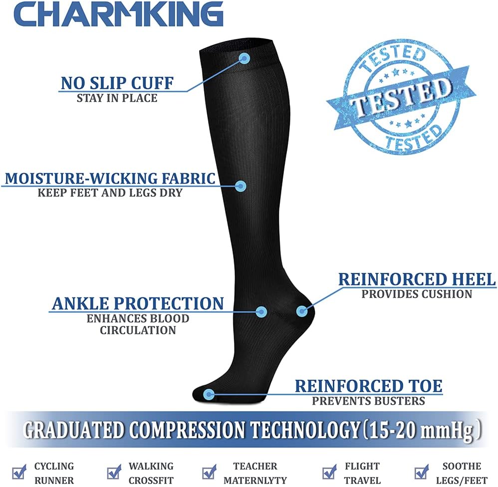 CHARMKING Compression Socks for Women & Men Circulation (8 Pairs) 15-20 mmHg Best Calf Socks Support for Athletic Cycling - Colors A