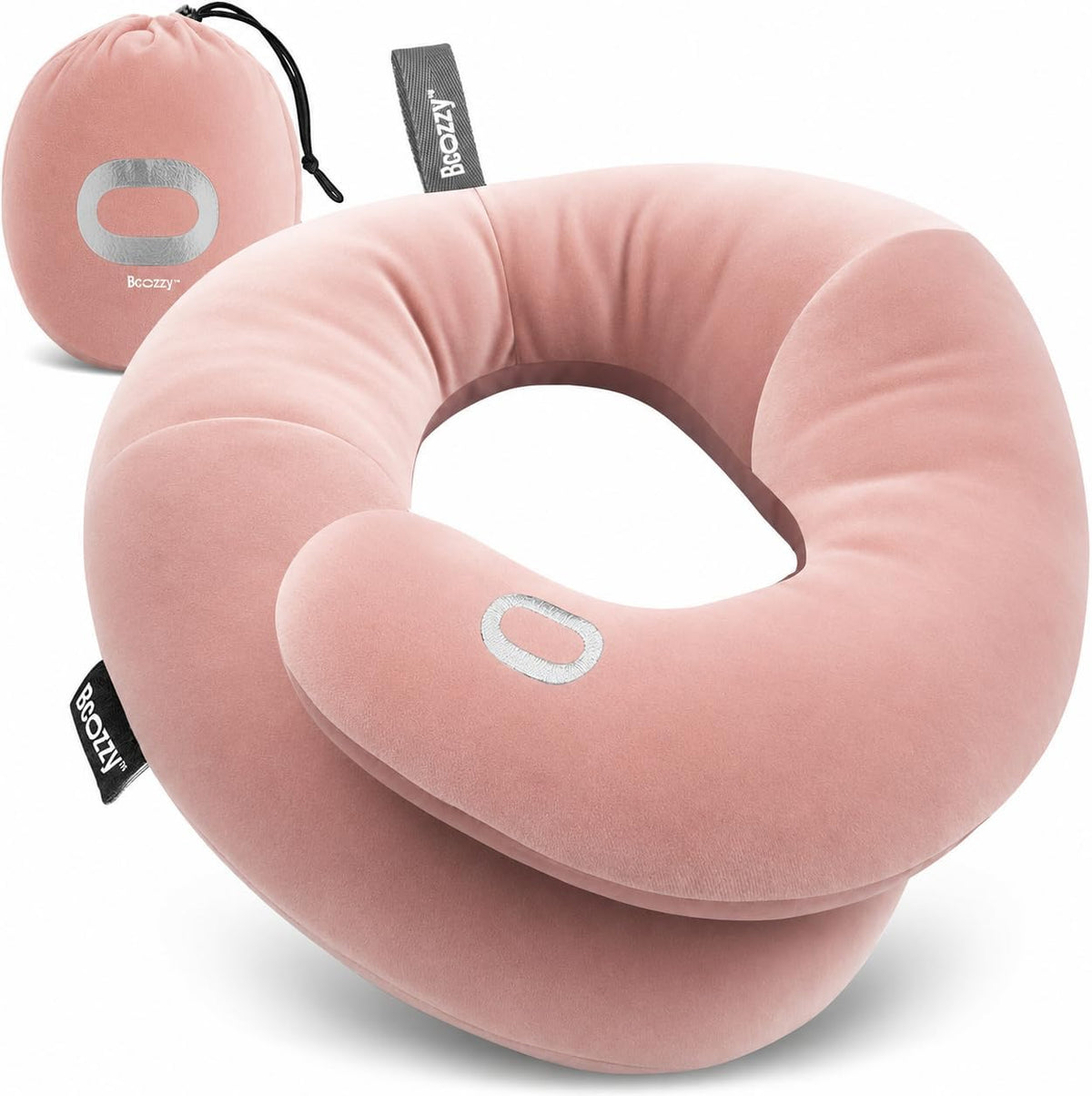 BCOZZY Travel Neck Pillow for Airplane – Patented Double Support for Head, Neck, and Chin. Best for Long Flights, Plane Sleeping, and Car Rides. Adjustable Size. Fully Washable. Carry Bag. Large, Navy