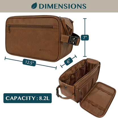 PAVILIA Toiletry Bag for Men, Travel Essentials Shaving Dopp Kit, Mens Travel Bag Toiletries Organizer Case for Grooming, PU Leather Water Resistant Cosmetic Bag Pouch (Dark Brown)