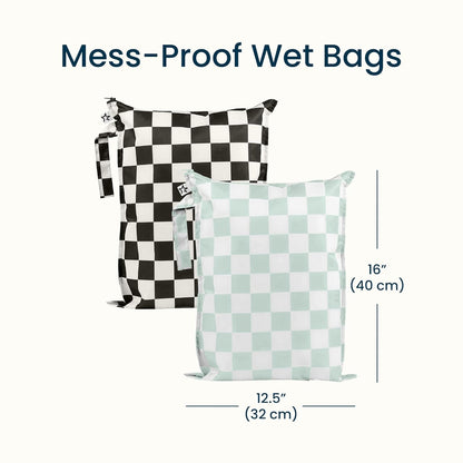 Tiny Twinkle Mess Proof Wet Bags | Reusable Waterproof Wet Bags for Swimsuits | Baby Clothes | Travel & Diaper Bag (Black, Green Checkers) - Colors B