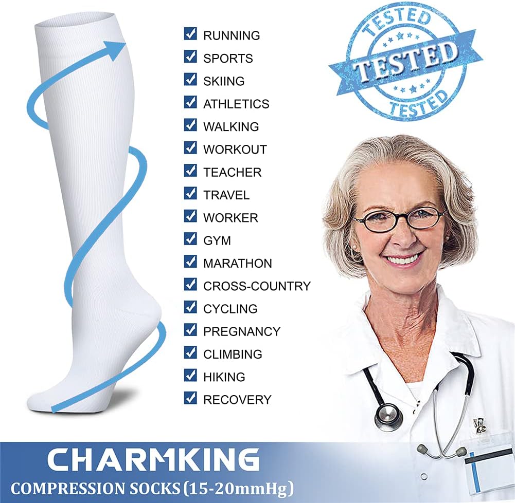 CHARMKING Compression Socks for Women & Men Circulation (8 Pairs) 15-20 mmHg Best Calf Socks Support for Athletic Cycling - Colors B