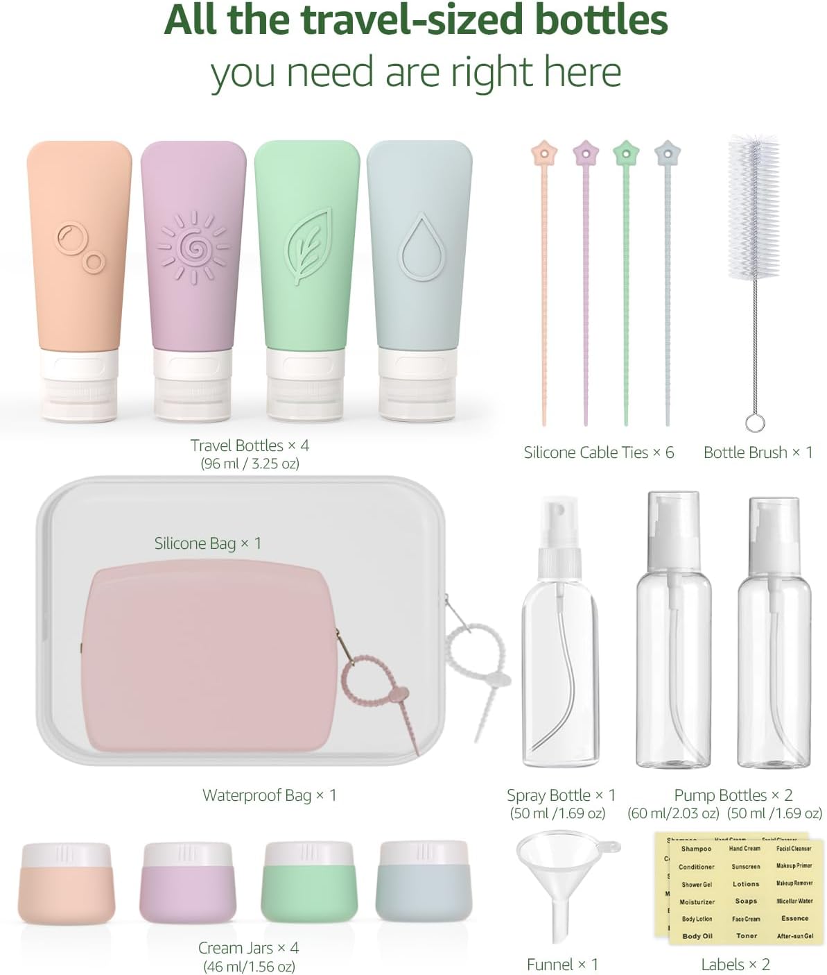 16-Piece Silicone Travel Bottles Set – TSA Approved Leakproof Toiletry Kit with Flat Easy-Squeeze Bottles, Pump & Spray, Waterproof Bag