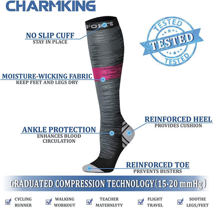 CHARMKING Compression Socks for Women & Men Circulation (8 Pairs) 15-20 mmHg Best Calf Socks Support for Athletic Cycling - Colors B