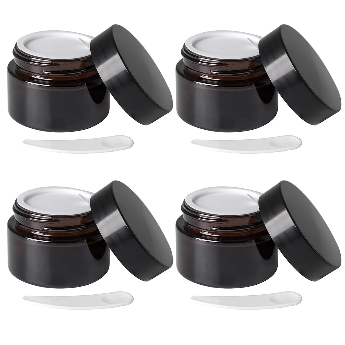 OverNews 1oz Amber Glass Jar, Empty Cosmetic Lotion Containers,with Inner Liners,Black Lid, Spatula