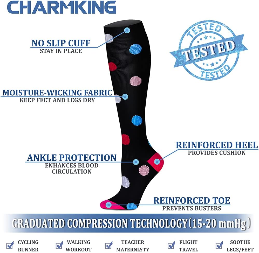 CHARMKING Compression Socks for Women & Men Circulation (8 Pairs) 15-20 mmHg Best Calf Socks Support for Athletic Cycling - Colors B