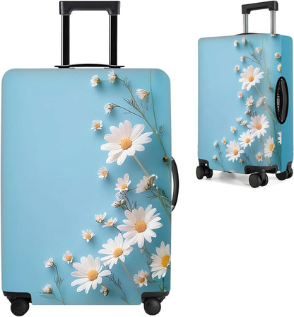 All Over Daisy Print Luggage Cover – Blue Suitcase Protector with White Floral Pattern, Washable Stretch Travel Case for 32-34 Inch Luggage,XL