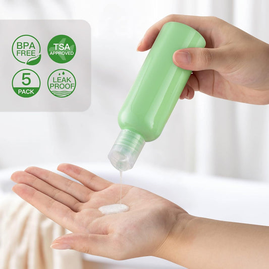 Travel Bottles for Toiletries 3.4 oz TSA Approved - 5 Pack Leak Proof Travel Size Containers, Clear Squeezable Plastic Bottles with Labels for Shampoo Lotion, Flight Cruise Gym Essentials