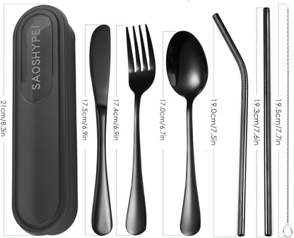 SAOSHYPEI 4-Piece Portable Utensils Set with Travel Case, Reusable Food-Grade Stainless Steel Silverware (Knife, Fork, Spoon), Dishwasher Safe Flatware for Camping, Work Lunch & Picnic, Black