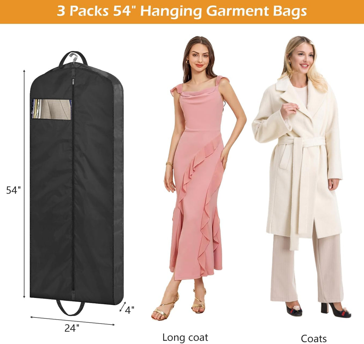 MISSLO 65" Long Garment Bags for Travel Dress Bags for Hanging Clothes 2 Packs Wedding Dress Cover Waterproof Clothes Protector for Closet Storage for Gowns, Tuxedos, Coats, Black