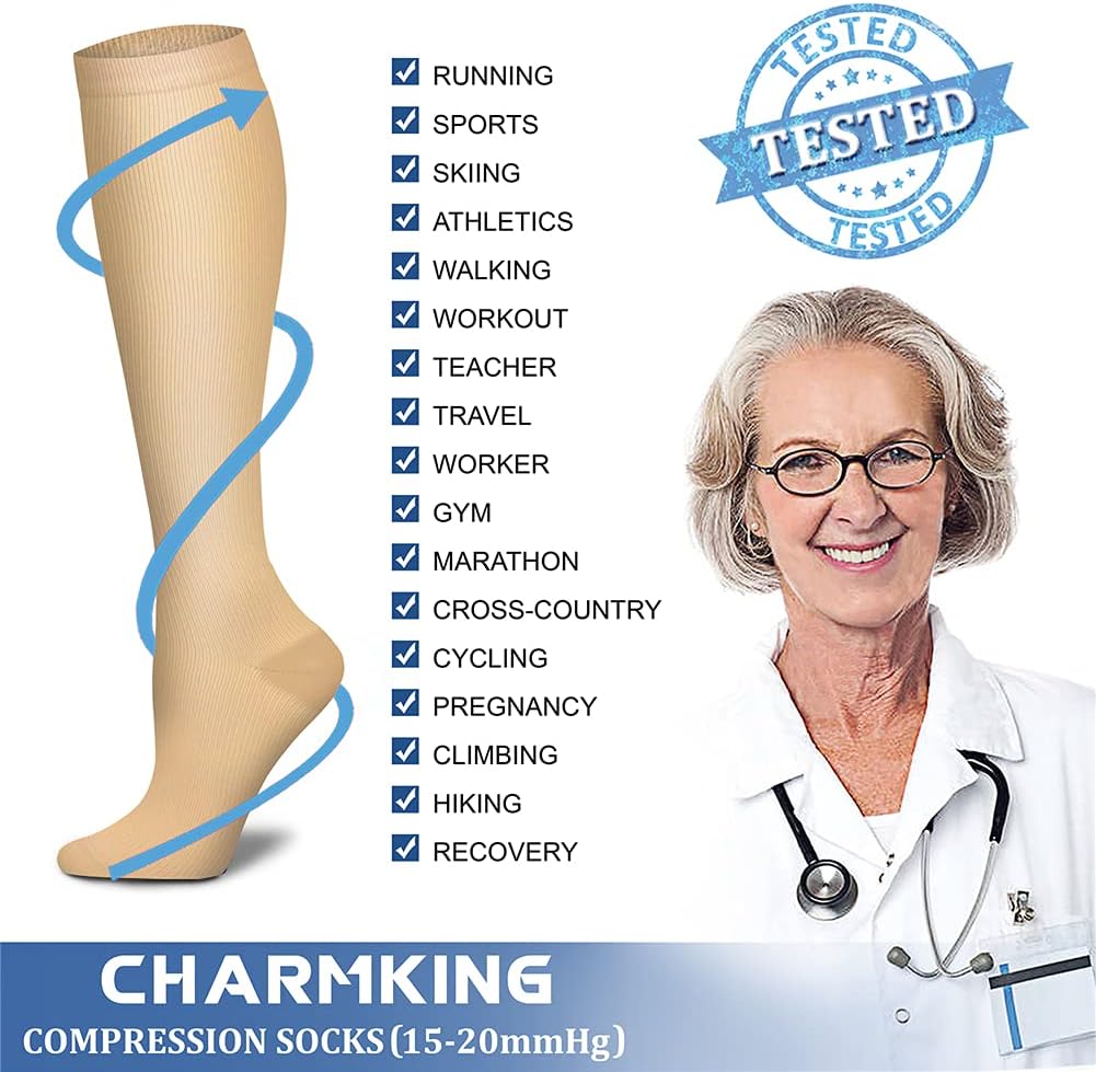 CHARMKING Compression Socks for Women & Men Circulation (8 Pairs) 15-20 mmHg Best Calf Socks Support for Athletic Cycling - Colors B