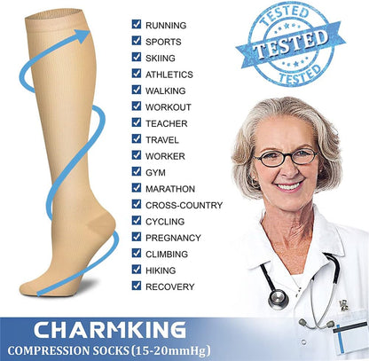 CHARMKING Compression Socks for Women & Men Circulation (8 Pairs) 15-20 mmHg Best Calf Socks Support for Athletic Cycling - Colors B