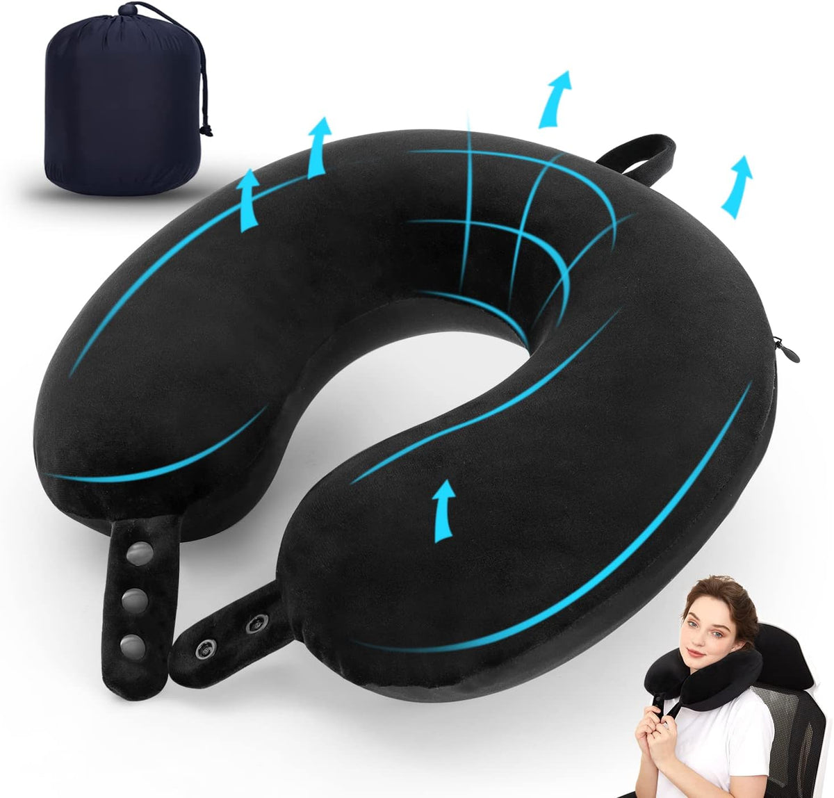 TALLGO Travel Pillow, Best Memory Foam Neck Pillow Head Support Soft Pillow for Sleeping Rest, Airplane Car & Home Use (Black)
