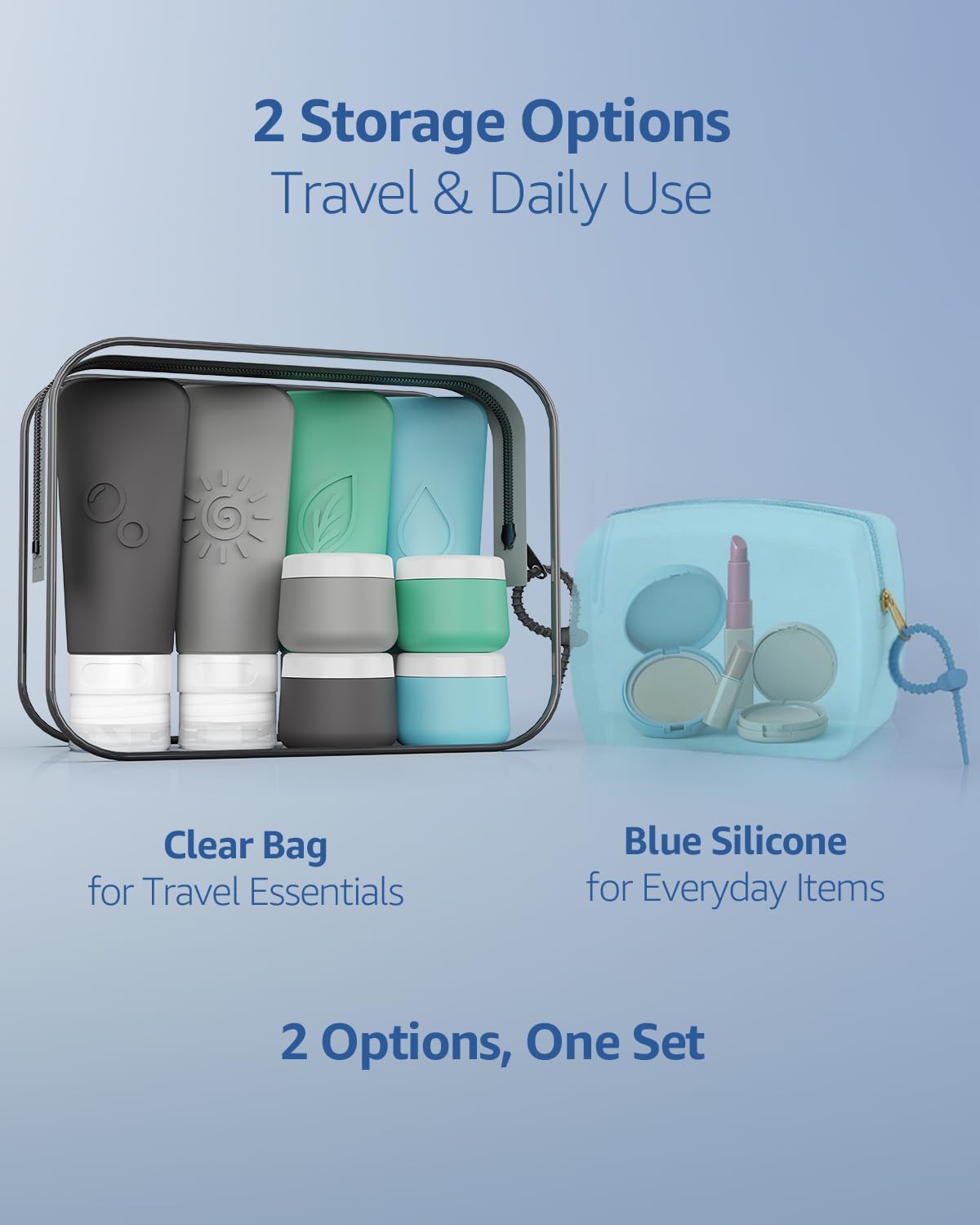 16-Piece Silicone Travel Bottles Set – TSA Approved Leakproof Toiletry Kit with Flat Easy-Squeeze Bottles, Pump & Spray, Waterproof Bag