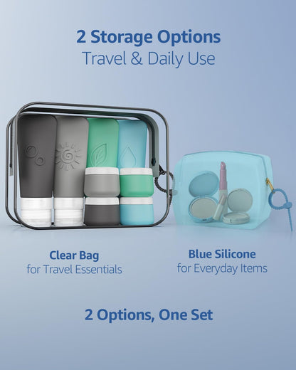 16-Piece Silicone Travel Bottles Set – TSA Approved Leakproof Toiletry Kit with Flat Easy-Squeeze Bottles, Pump & Spray, Waterproof Bag