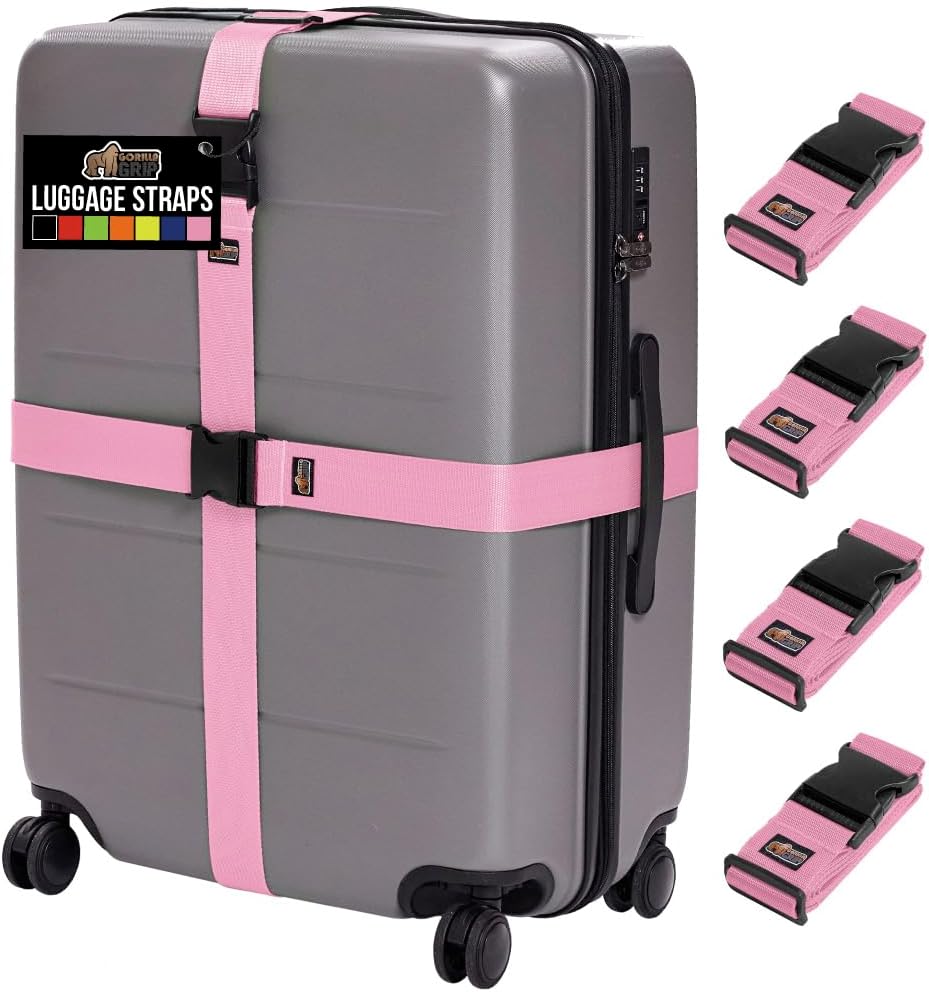 GORILLA GRIP Heavy Duty Adjustable Luggage Straps for Suitcases, Easy to Identify Travel Belt Connector Holds Suitcase Together, Extends Life of Bag, Strap Connects Two Bags, Accessories 2 Pack Green
