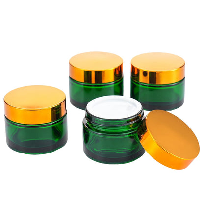 OverNews 2oz Amber Glass Jar Travel Size, 4PCS Empty Cosmetic Lotion Container with Black Lid & Spatula, Small Mini Jar for Beauty
