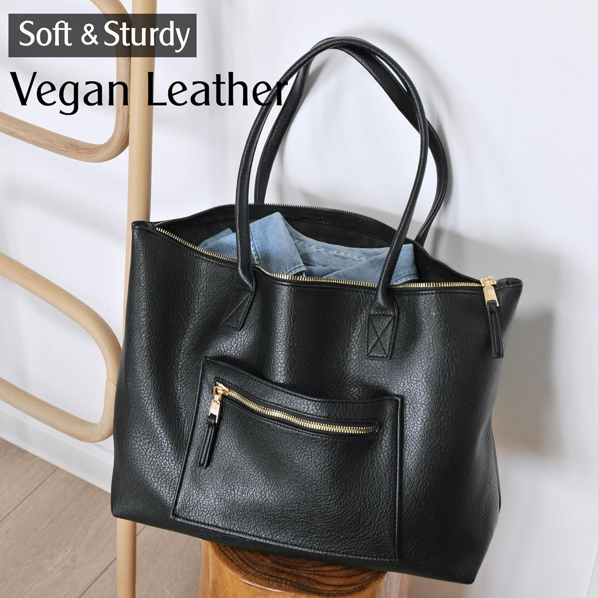 Tote Bag for Women with Zipper Vegan Leather Handbag with Trolley Sleeve Travel Weekender Carryall Bag