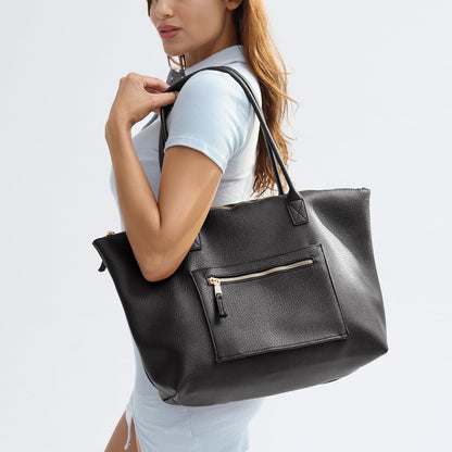 Tote Bag for Women with Zipper Vegan Leather Handbag with Trolley Sleeve Travel Weekender Carryall Bag