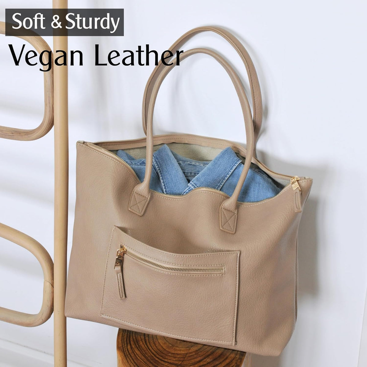 Tote Bag for Women with Zipper Vegan Leather Handbag with Trolley Sleeve Travel Weekender Carryall Bag