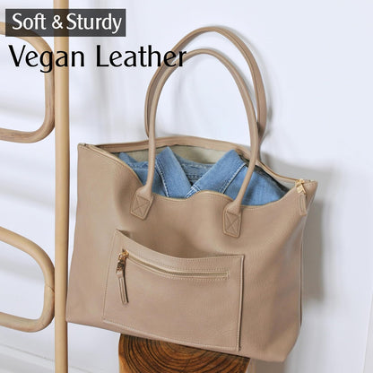 Tote Bag for Women with Zipper Vegan Leather Handbag with Trolley Sleeve Travel Weekender Carryall Bag