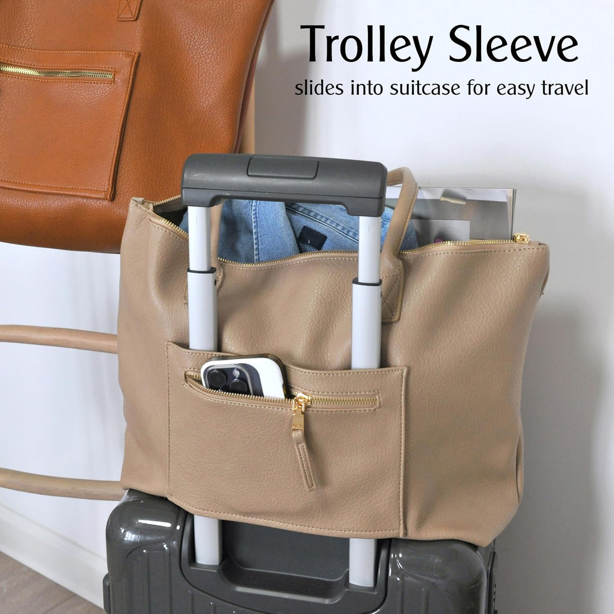 Tote Bag for Women with Zipper Vegan Leather Handbag with Trolley Sleeve Travel Weekender Carryall Bag